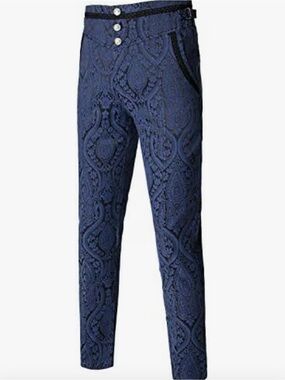 VATPAVE Gothic Vampire Ball Pants Steampunk Victorian Brocade Trousers Blue XXL